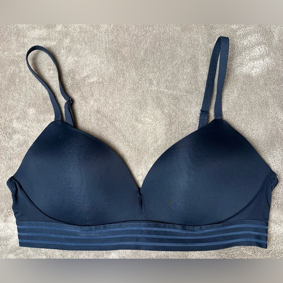 Auden Push Up Wirefree Bra 34B Black Blue Stripe Band Padded Wireless Comfort - Picture 1 of 10